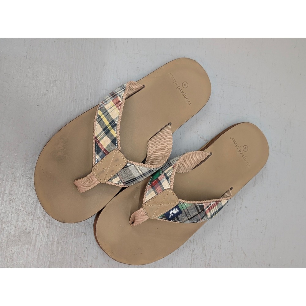 Vineyard Vines Plaid Flip Flops Sandals Mens 8 Whale Logo Beach Coastal Vacation
